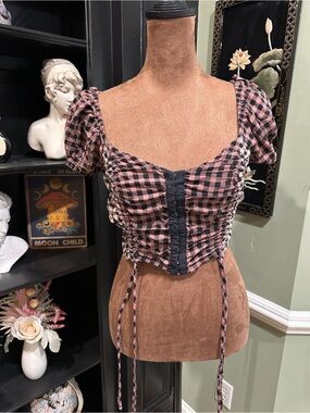 Rabbit Rose Pink & Black Plaid Cropped Top – Ruched Bodice + Hook‑and‑Eye Front
